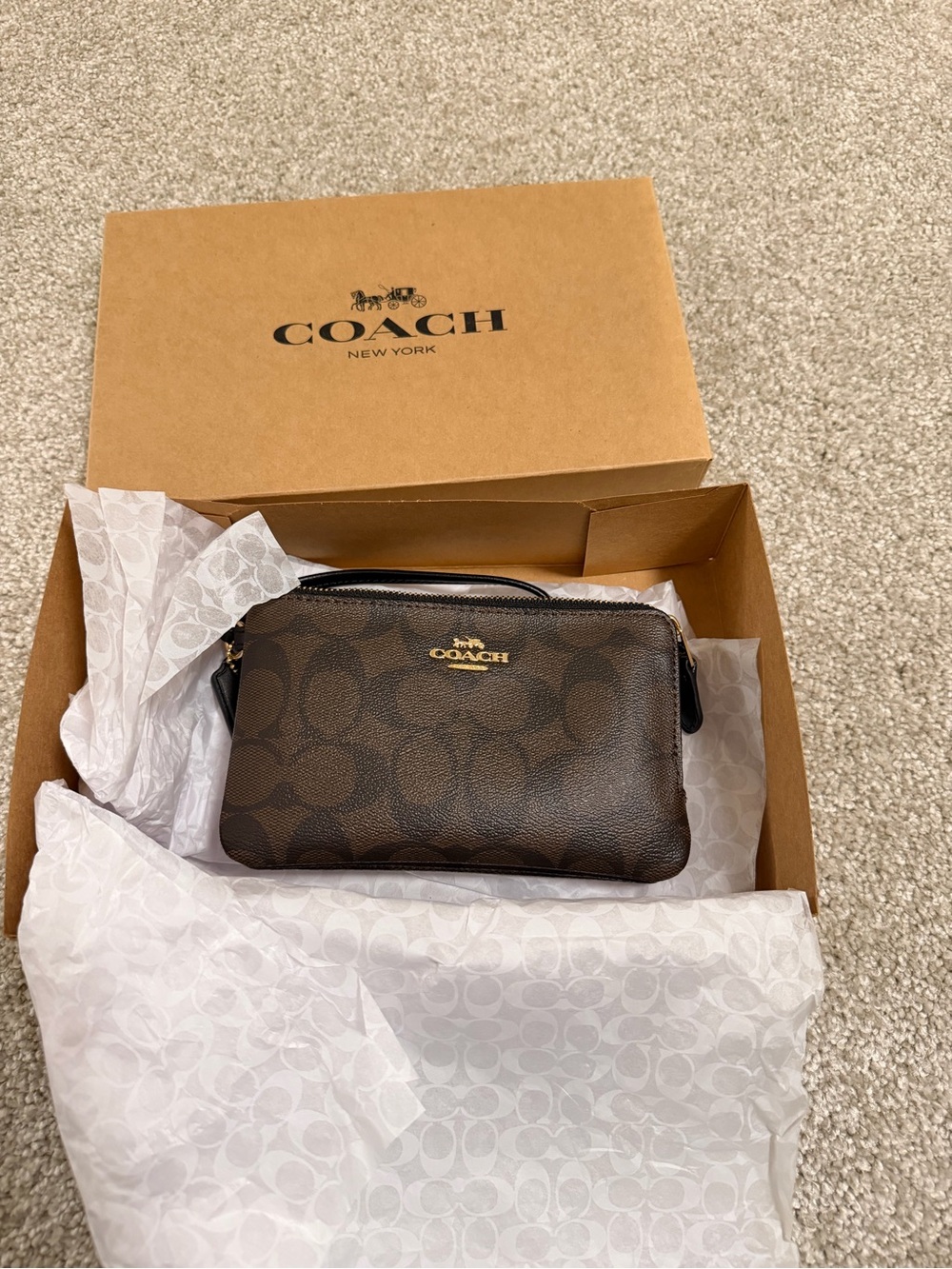 Coach Dark Brown Signature double zip Wristlet with Gold Logo brand new